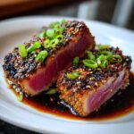 Two pieces of perfectly seared ahi tuna, coated in a sesame seed crust and sliced, served in a dark sauce with green onions.