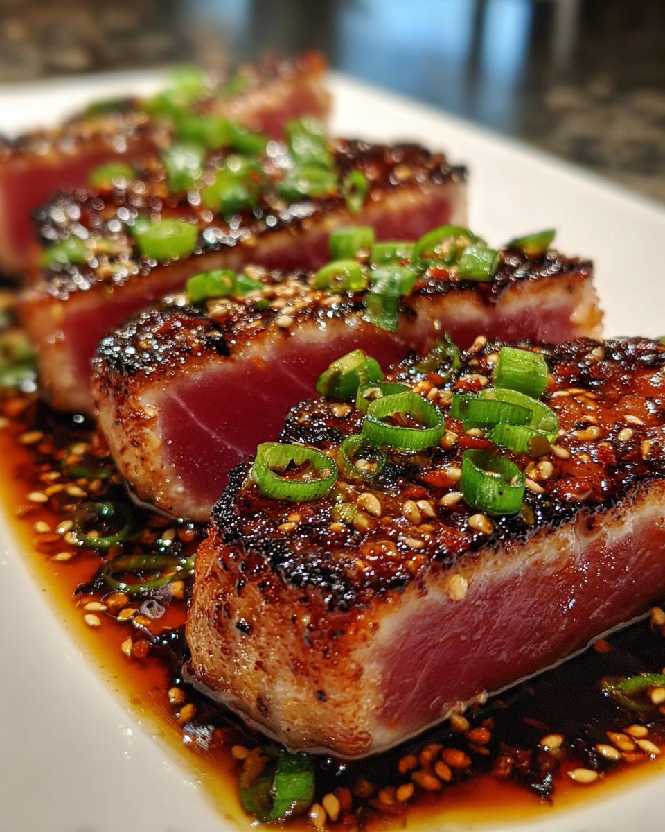 Close-up of perfectly seared ahi tuna steaks, coated in sesame seeds and drizzled with a savory sauce, topped with fresh green onions.