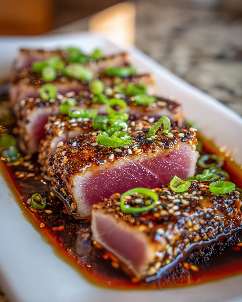 Close-up of perfectly seared ahi tuna steaks coated in sesame seeds and sliced, garnished with green onions.