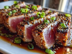 Close-up of perfectly seared ahi tuna steaks, coated in sesame seeds and sliced, garnished with green onions and a savory sauce.