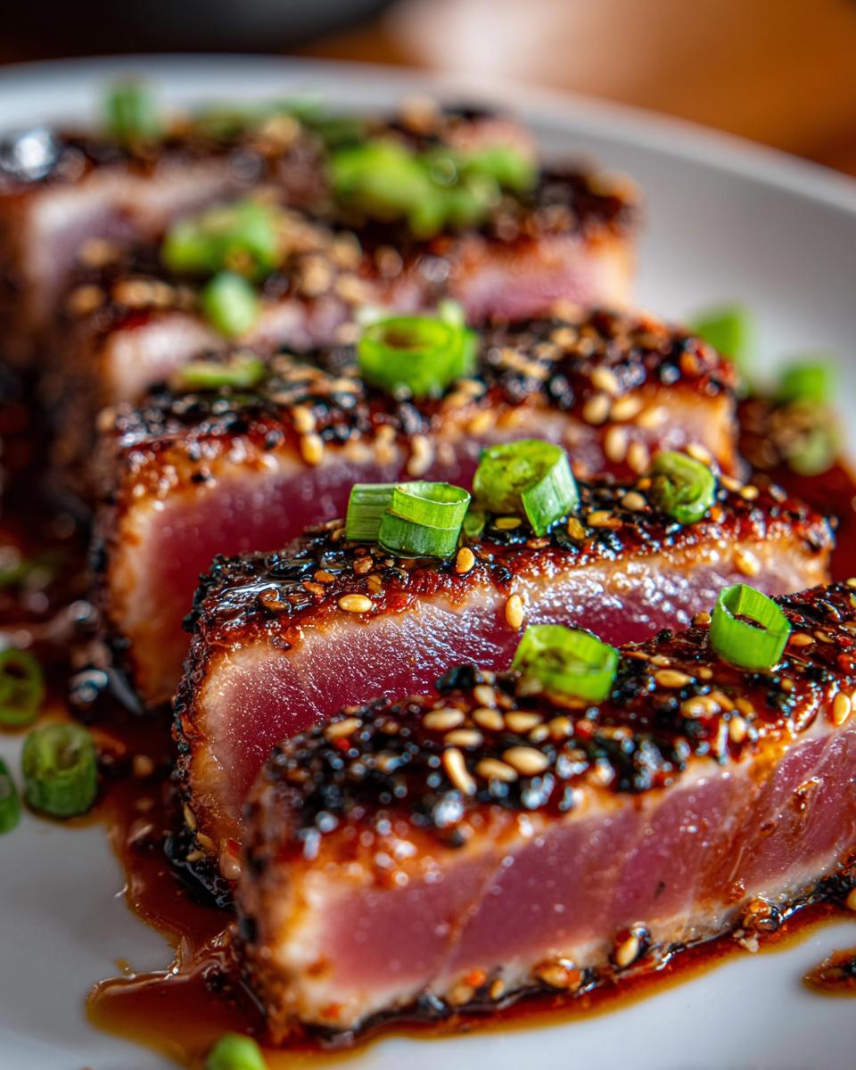 Close-up of perfectly seared ahi tuna slices coated in sesame seeds and green onions, drizzled with sauce.