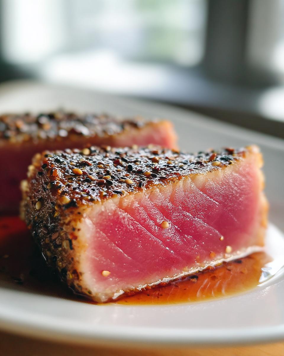 Close-up of perfectly seared tuna steak slices, coated in a spice rub, resting in a savory sauce.