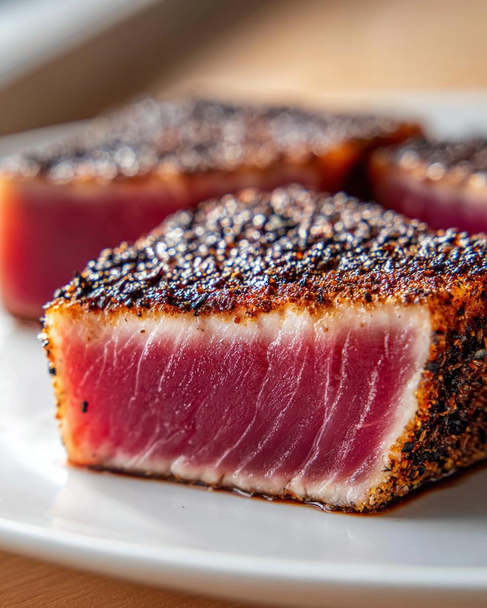 Close-up of a perfectly seared tuna steak, showcasing its pink, flaky interior and seasoned crust.