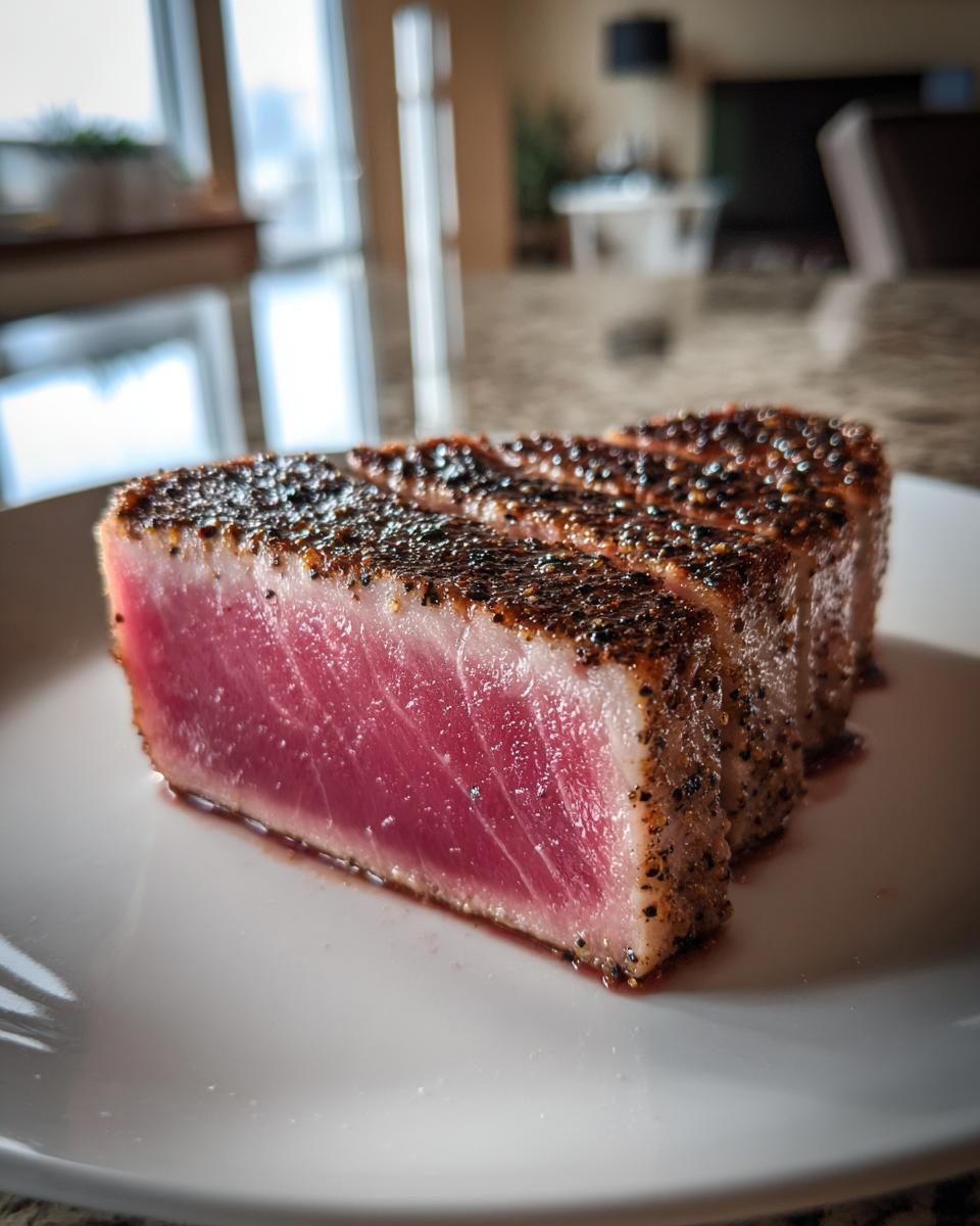 Two perfectly seared tuna steaks with a dark pepper crust, showing a vibrant pink interior.