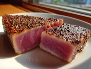 Two perfectly seared tuna steaks with a dark pepper crust on a white plate, showcasing their vibrant pink interior.