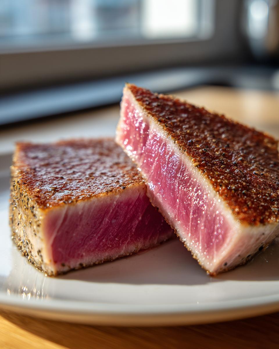 Two perfectly seared tuna steaks, cut in half, showcasing a vibrant pink interior and a seasoned crust.