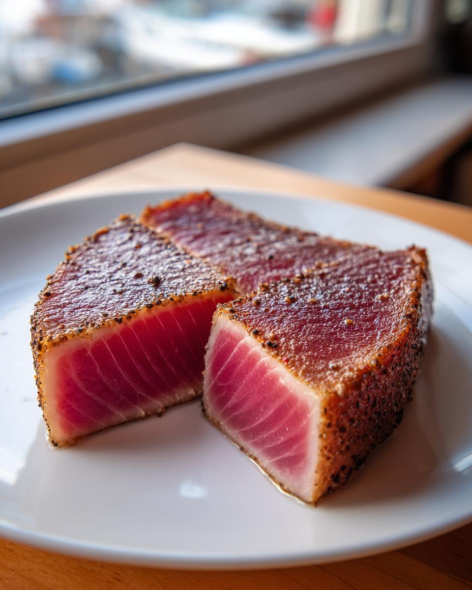 Two perfectly seared tuna steaks, cut in half, showcasing their vibrant pink interior and seasoned crust.