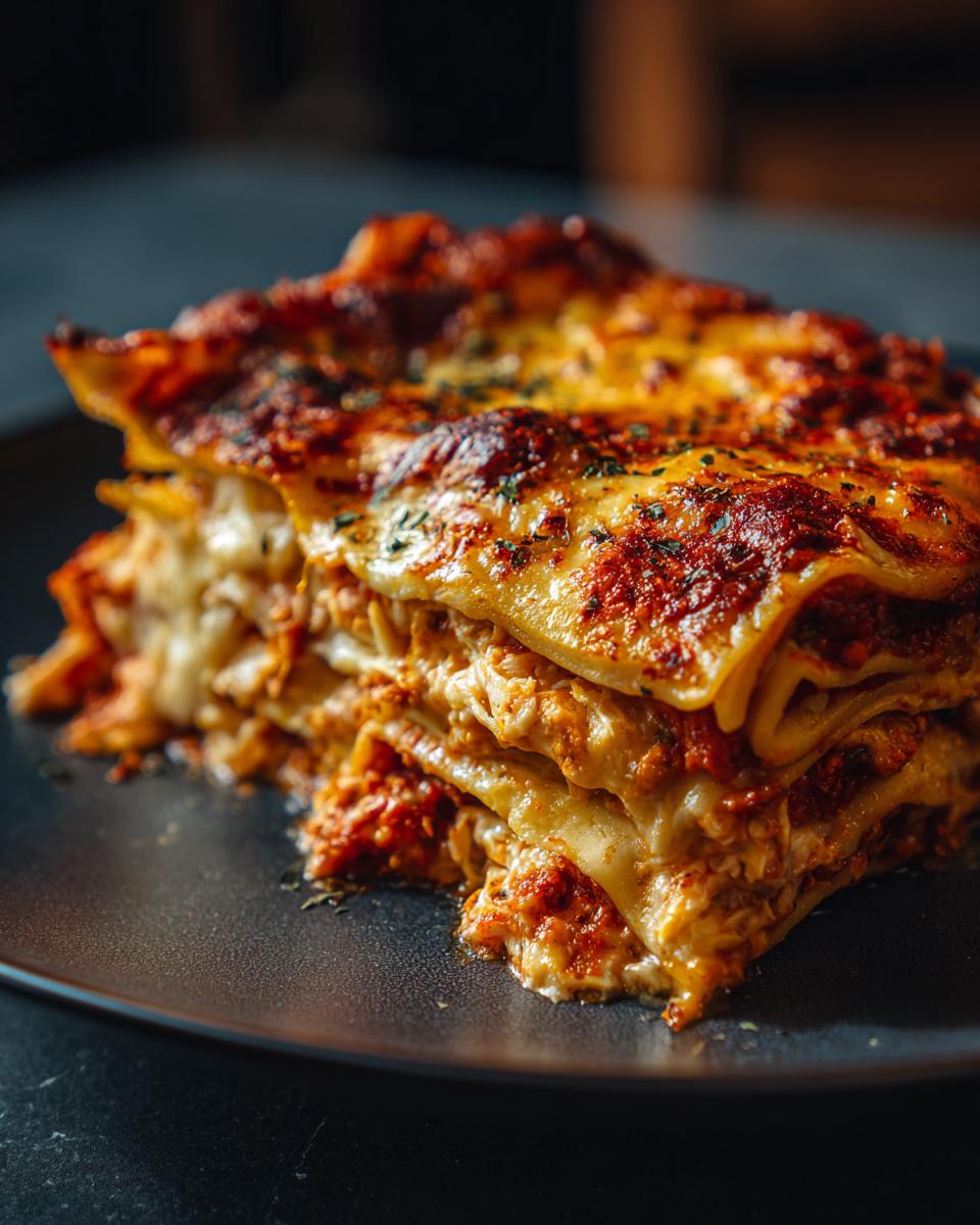 A close-up of a delicious slice of shrimp and crab lasagna, showcasing layers of pasta, creamy filling, and a rich tomato sauce.