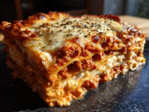 A close-up of a delicious slice of shrimp and crab lasagna, featuring layers of pasta, creamy sauce, and rich meat filling.