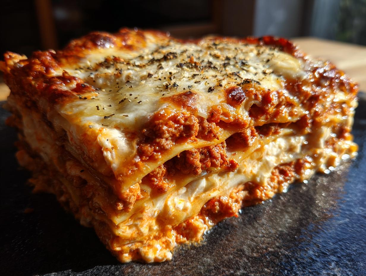 A close-up of a delicious slice of shrimp and crab lasagna, featuring layers of pasta, creamy sauce, and rich meat filling.