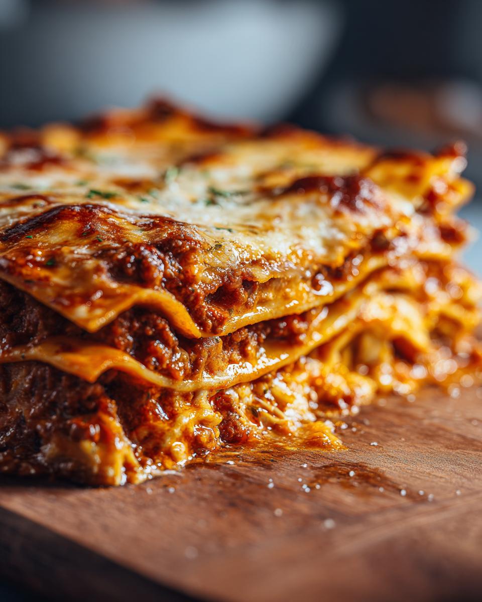 A delicious slice of Shrimp and Crab Lasagna, showing layers of pasta, rich sauce, and melted cheese on a wooden board.