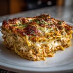 A generous slice of Shrimp and Crab Lasagna, showing layers of pasta, creamy filling, and a golden-brown cheesy topping.