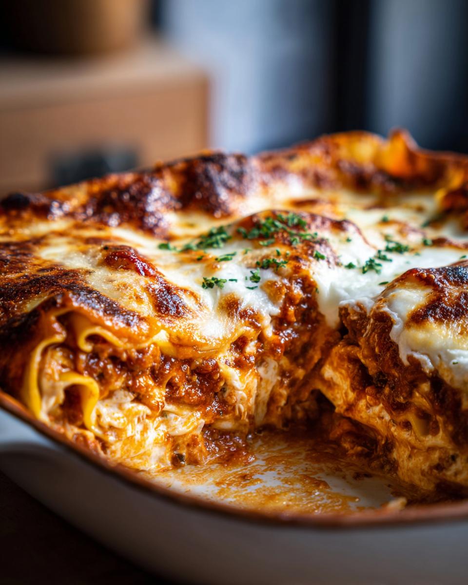 A close-up of a slice of baked shrimp and crab lasagna, showing layers of pasta, rich sauce, and melted cheese, garnished with herbs.