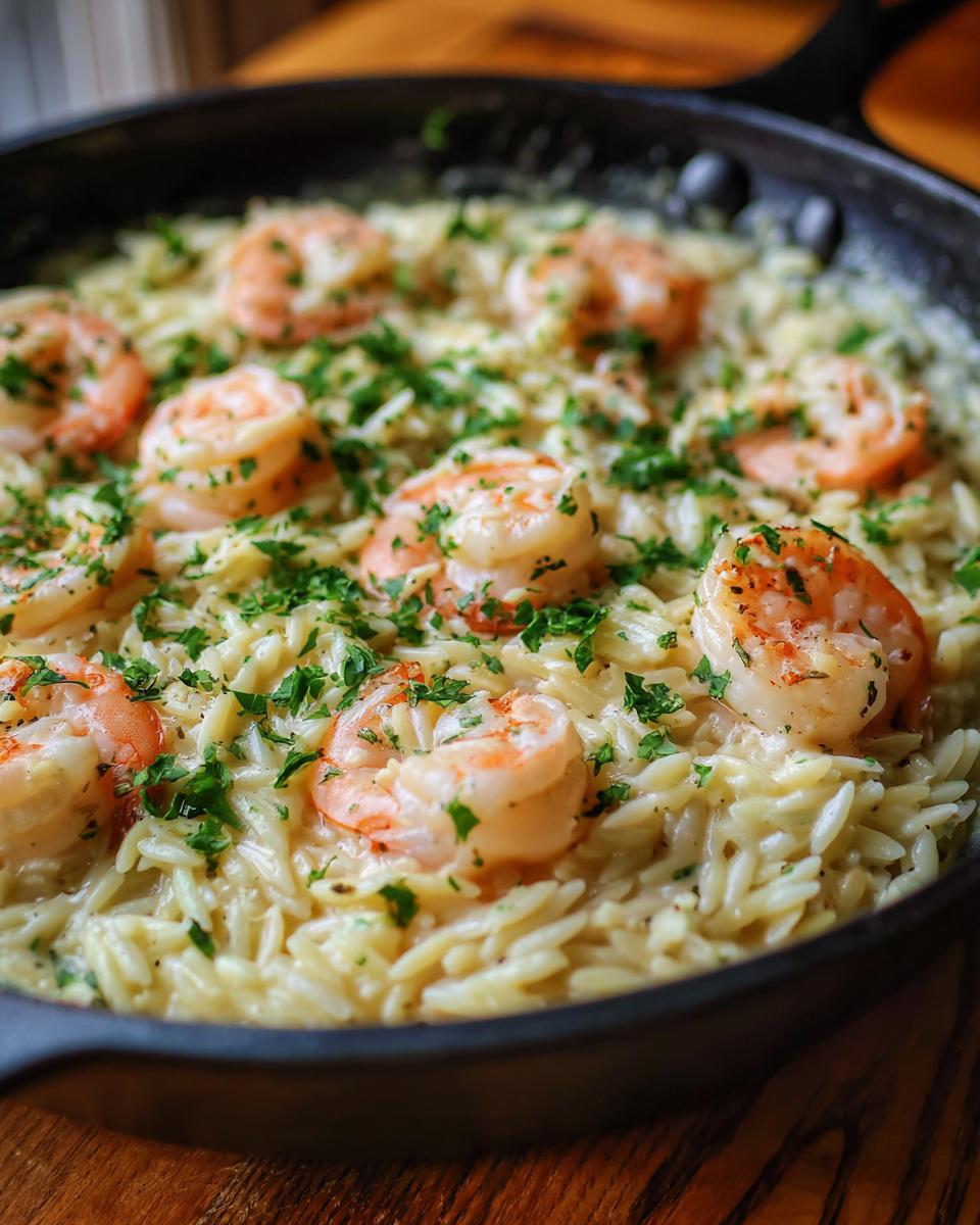 Close-up of shrimp orzo in lemon garlic sauce, garnished with fresh parsley, served in a cast-iron skillet.
