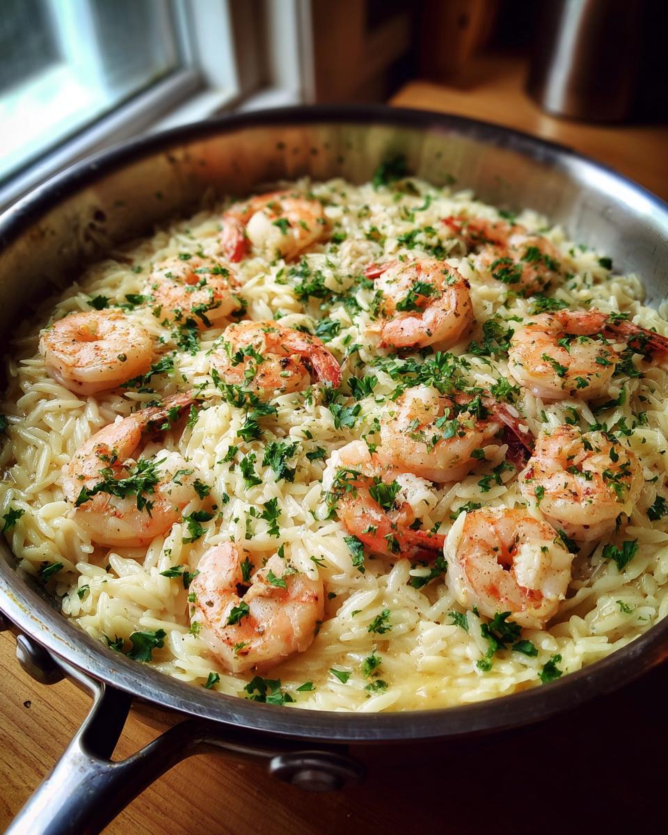 A close-up of shrimp orzo in lemon garlic sauce, garnished with fresh parsley, served in a stainless steel skillet.
