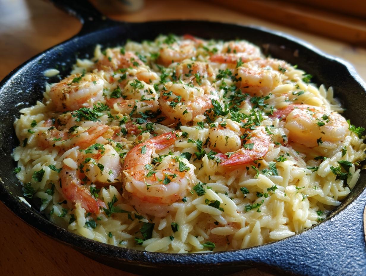 A close-up of flavorful shrimp orzo in a lemon garlic sauce, garnished with fresh parsley.