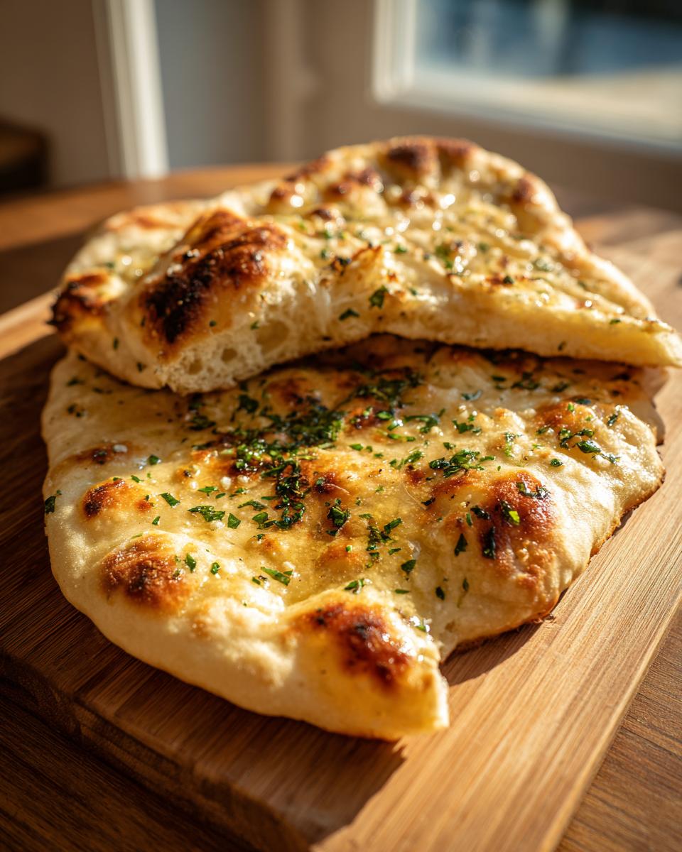 Close-up of two pieces of soft garlic naan bread, brushed with butter and sprinkled with fresh herbs.