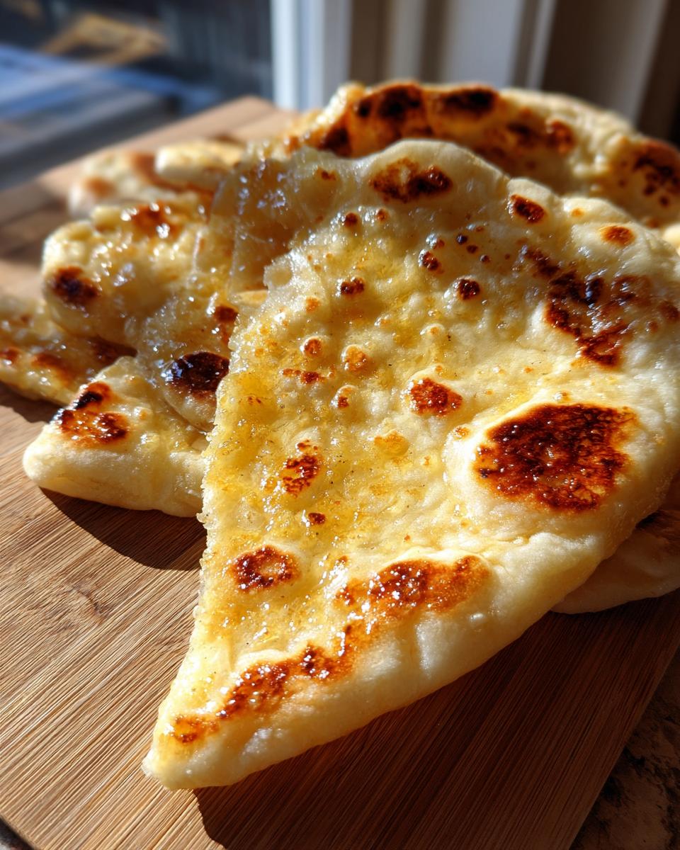 Close-up of soft garlic naan bread brushed with melted butter, showing golden-brown charred spots.