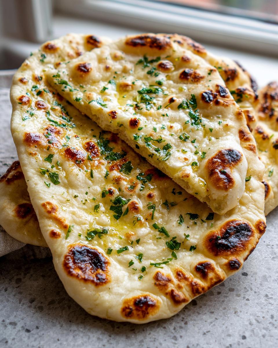 Close-up of soft garlic naan bread topped with melted butter and fresh parsley, with charred spots.