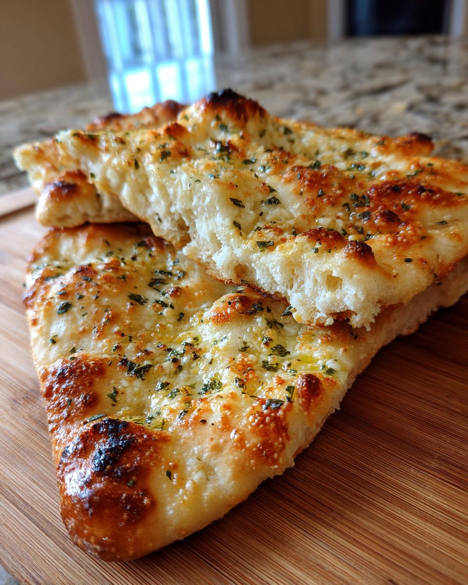 Close-up of soft garlic naan bread slices, topped with melted butter and herbs, on a wooden board.