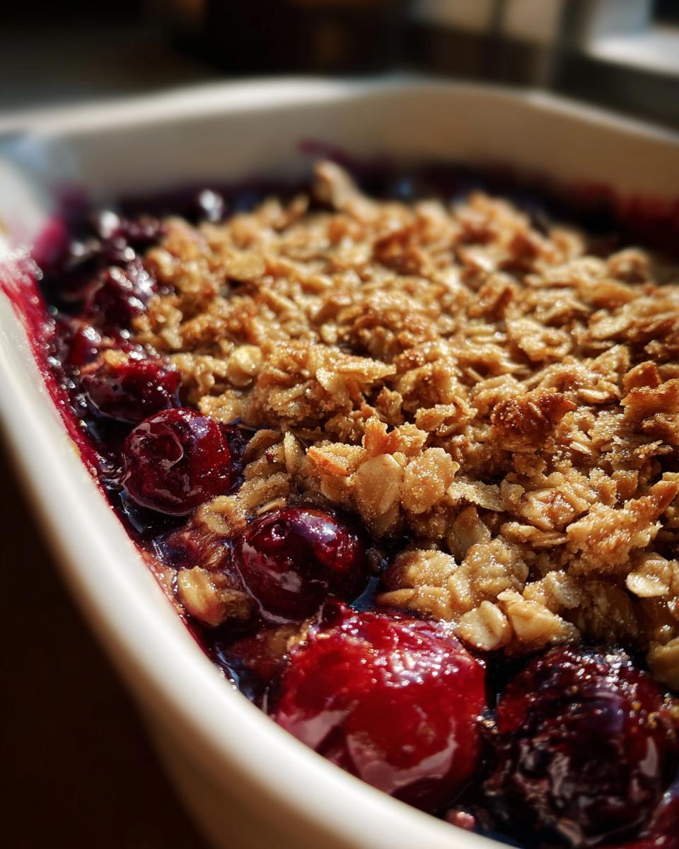A close-up view of a baked sour cherry crisp in a white dish, showing juicy cherries and a golden oat topping.