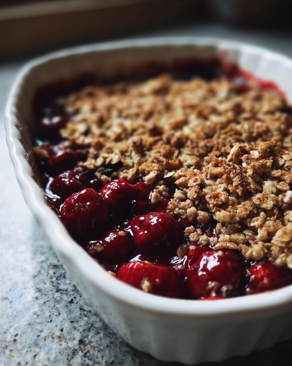 Close-up of a warm sour cherry crisp in a white baking dish, showing juicy cherries and a crunchy oat topping.