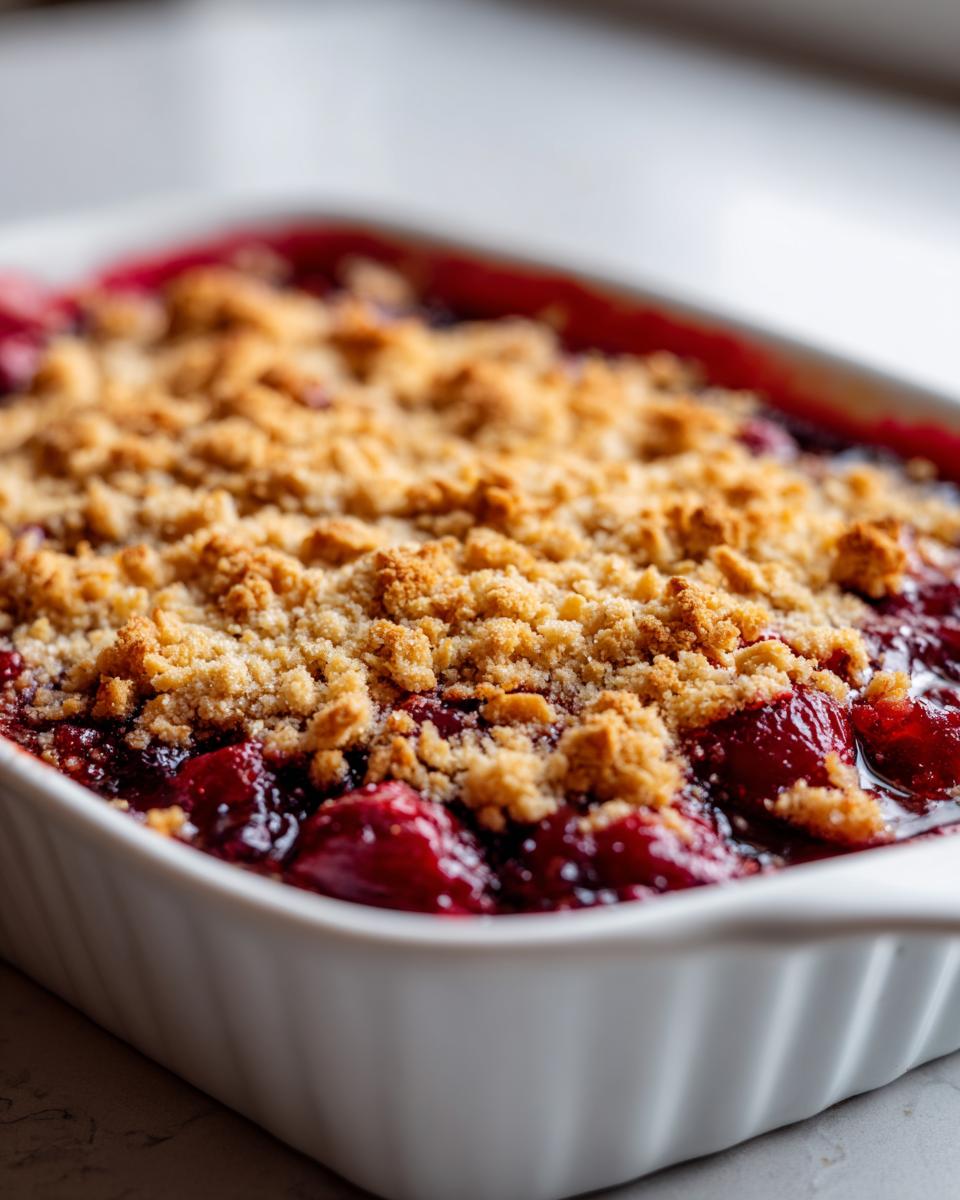 Close-up of a freshly baked sour cherry crisp in a white baking dish, showing bubbling cherry filling and golden brown crumble topping.