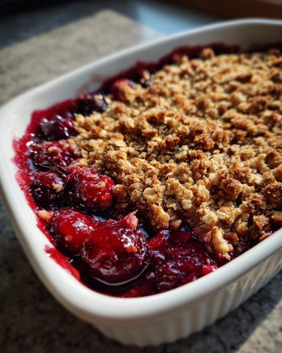 Close-up of a freshly baked sour cherry crisp in a white baking dish, showing bubbling cherry filling and golden oat topping.