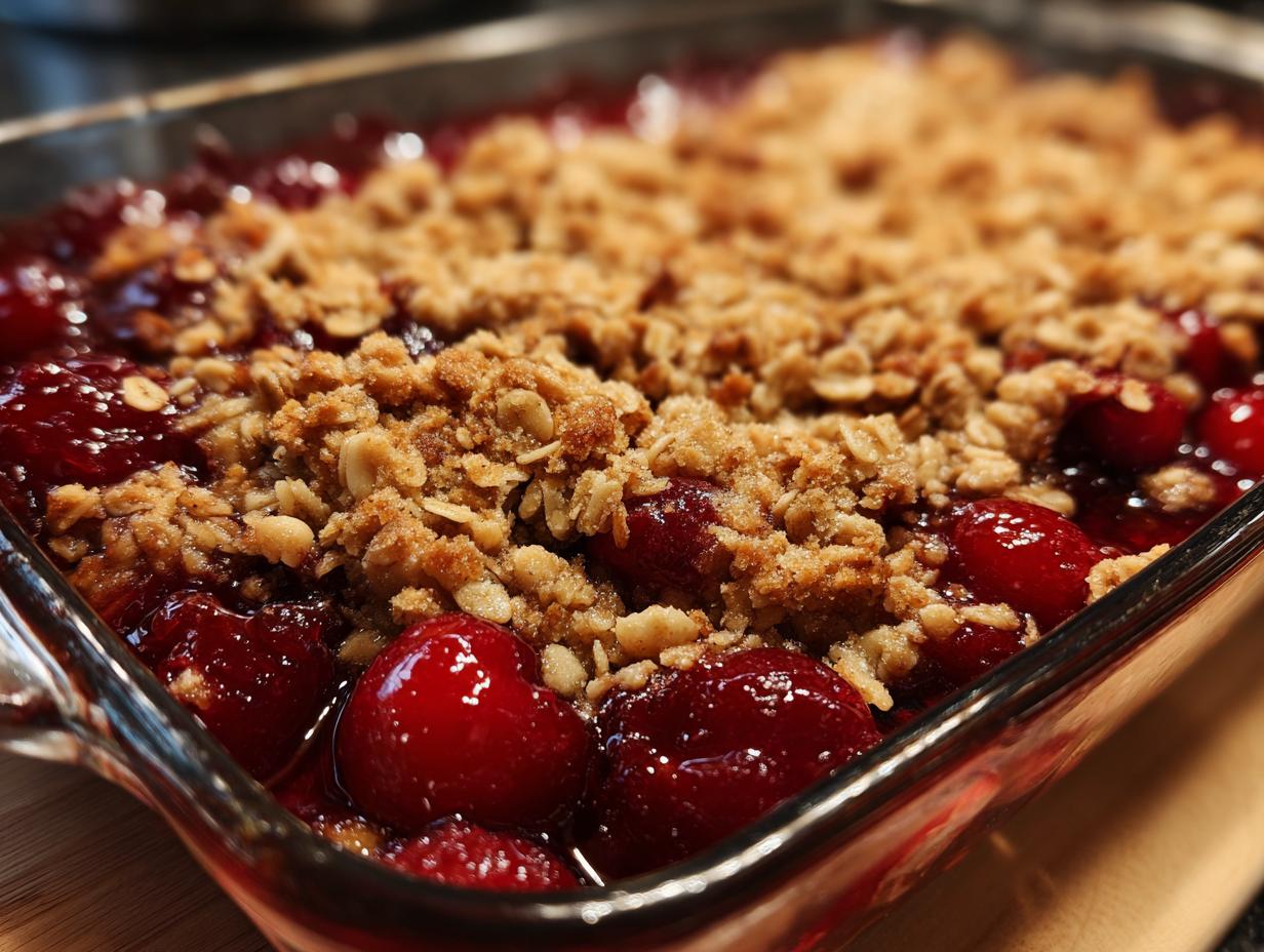 Close-up of a bubbly sour cherry crisp in a glass baking dish, topped with golden brown crumble.