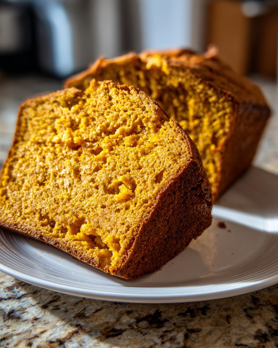 A close-up shot of a delicious sourdough pumpkin bread loaf with a slice cut out and placed on a white plate.