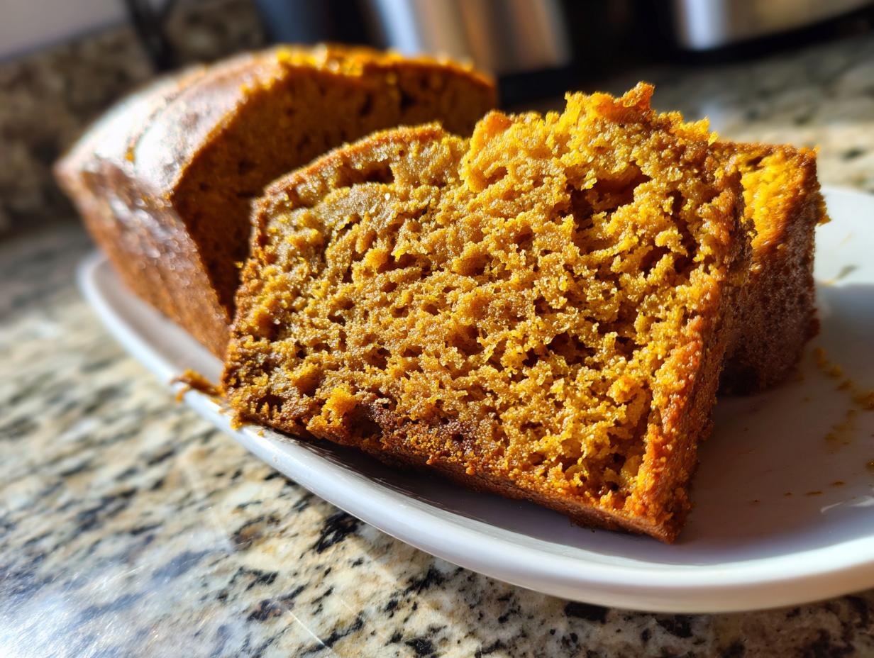 Close-up of a delicious sourdough pumpkin bread loaf with two slices cut and served on a white plate.