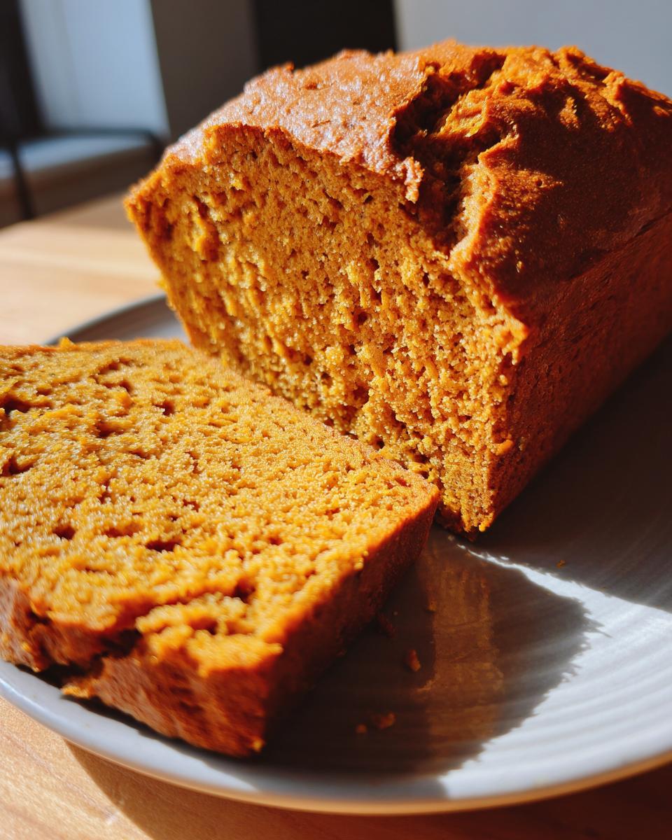 A close-up of a slice of moist sourdough pumpkin bread on a plate, with the rest of the loaf in the background.