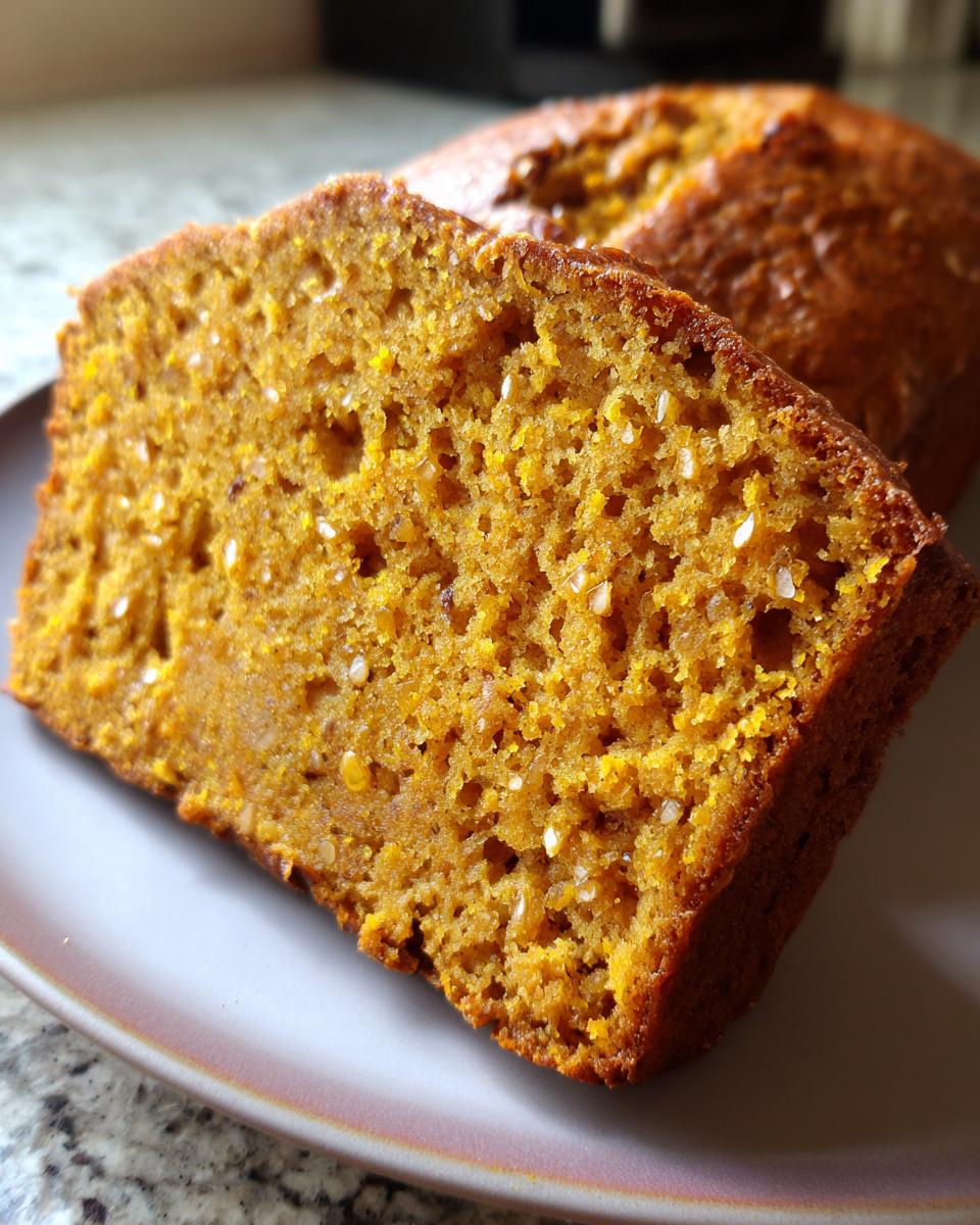 A close-up of a moist slice of sourdough pumpkin bread, showing its tender crumb and flecks of pumpkin.