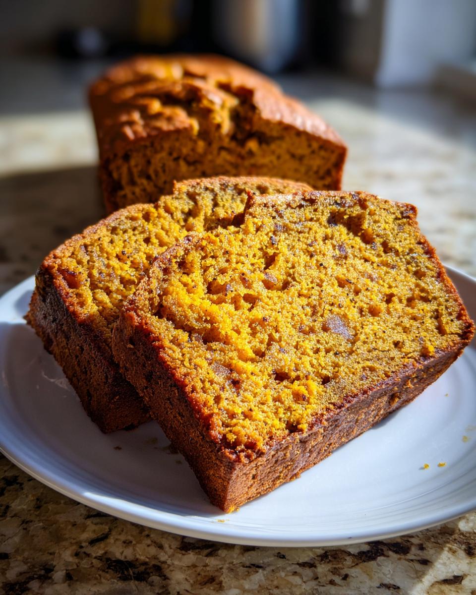 Two thick slices of moist sourdough pumpkin bread on a white plate, with a whole loaf in the background.