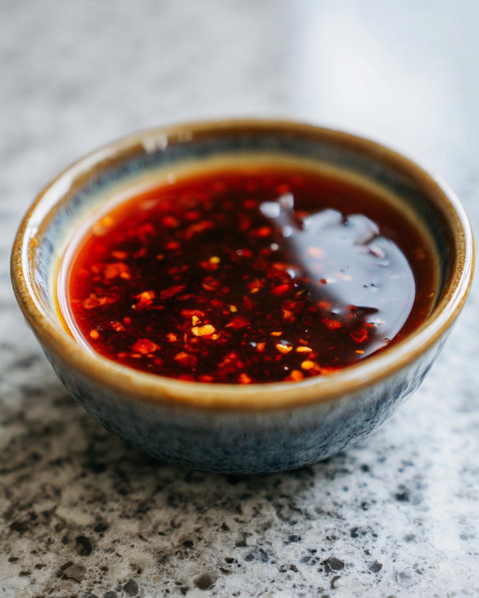 Close-up of a small bowl filled with rich, red spicy dumpling sauce with visible chili flakes.
