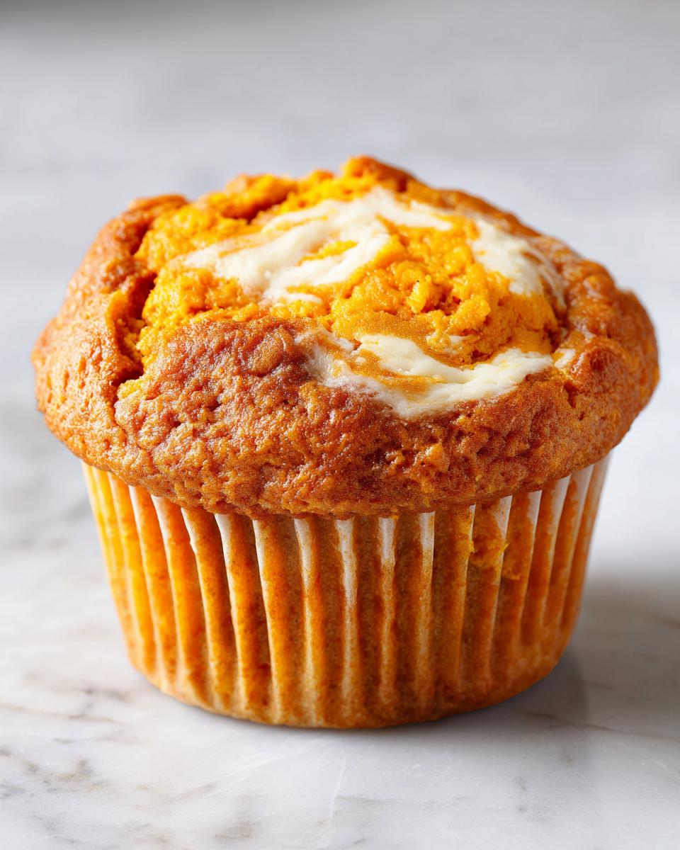 A close-up of a Starbucks pumpkin cream cheese muffin with a swirl of cream cheese on top.