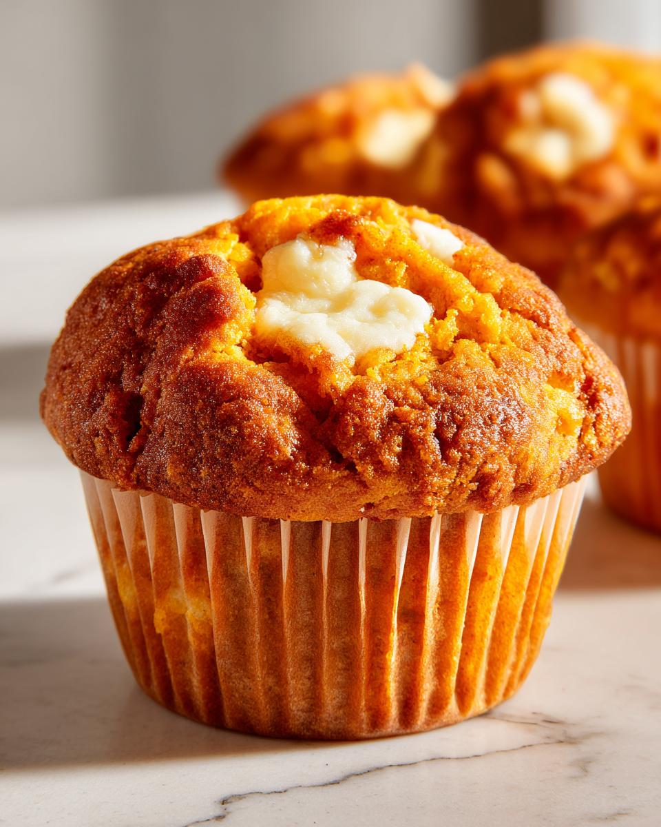A close-up of a Starbucks Pumpkin Cream Cheese Muffin with cream cheese filling visible on top.