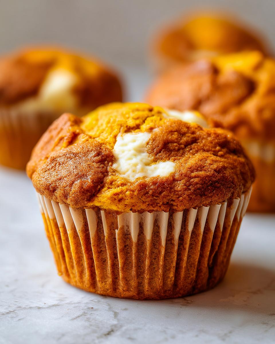 Close-up of a delicious Starbucks pumpkin cream cheese muffin with a swirl of cream cheese filling.