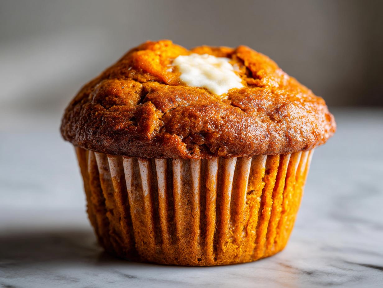 A close-up of a Starbucks Pumpkin Cream Cheese Muffin with a dollop of cream cheese filling on top.