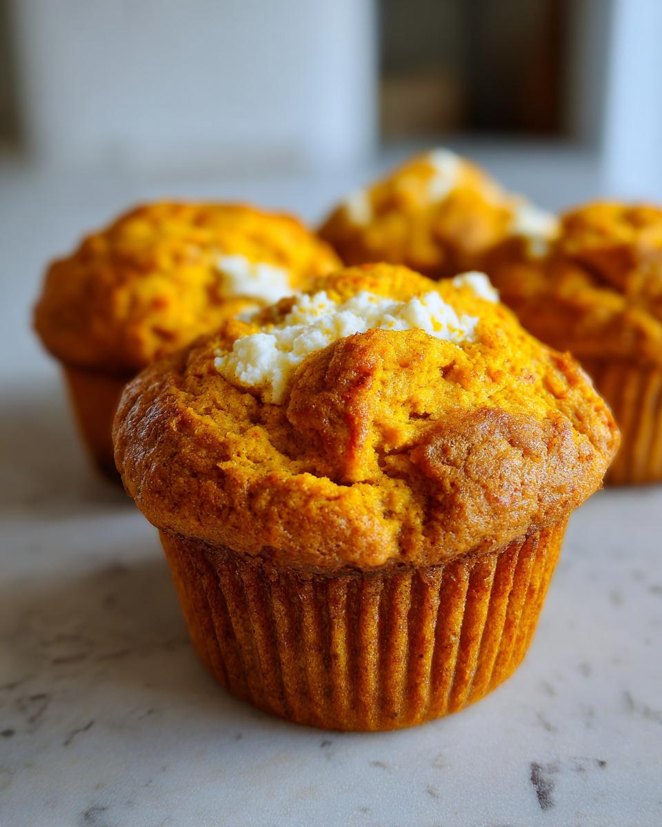 Close-up of a Starbucks Pumpkin Cream Cheese Muffin with a swirl of cream cheese on top.