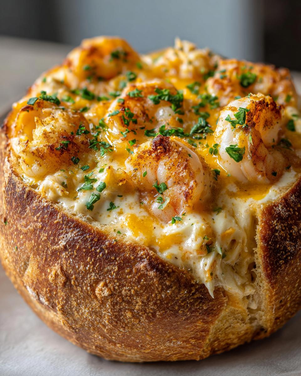 Close-up of a golden-brown bread bowl overflowing with creamy seafood filling and topped with seasoned shrimp and fresh parsley.