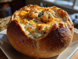 Close-up of a golden-brown stuffed seafood bread bowl, topped with melted cheese and shrimp, sprinkled with parsley.