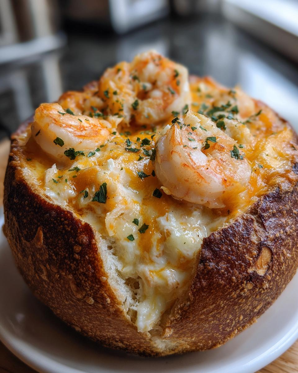 A golden-brown stuffed seafood bread bowl generously filled with creamy seafood mixture and topped with cooked shrimp and parsley.