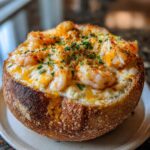 Close-up of a golden-brown bread bowl overflowing with creamy, cheesy stuffed seafood and topped with shrimp and chives.