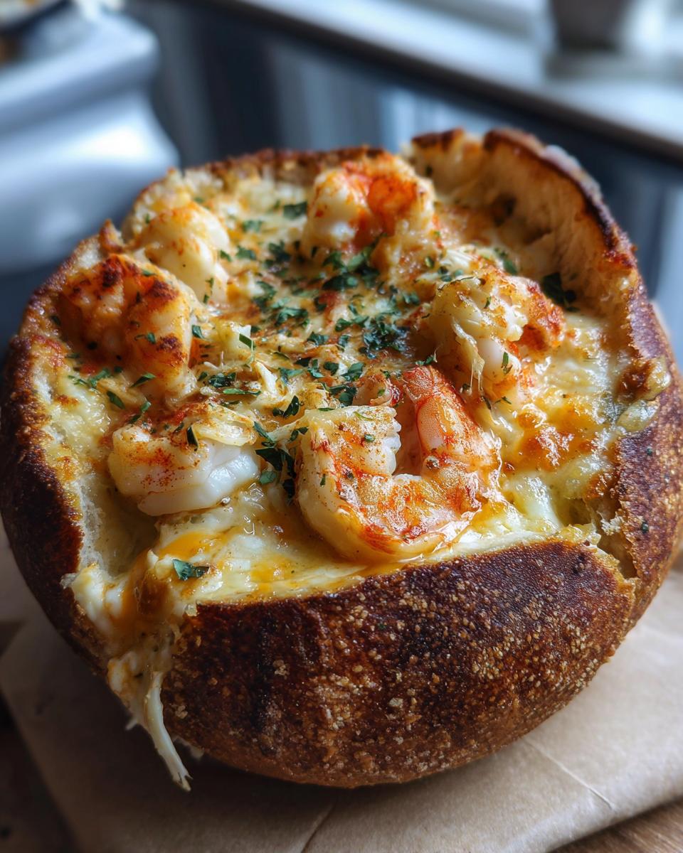 Close-up of a stuffed seafood bread bowl overflowing with cheesy filling and topped with cooked shrimp and parsley.