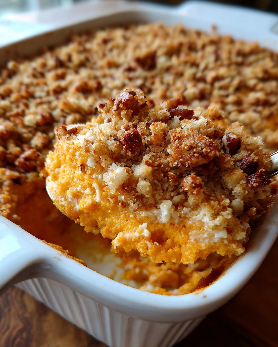 A spoonful of amazing sweet potato casserole with a crunchy pecan topping is lifted from a white baking dish.
