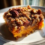 A close-up of a slice of sweet potato casserole topped with a crunchy pecan streusel.