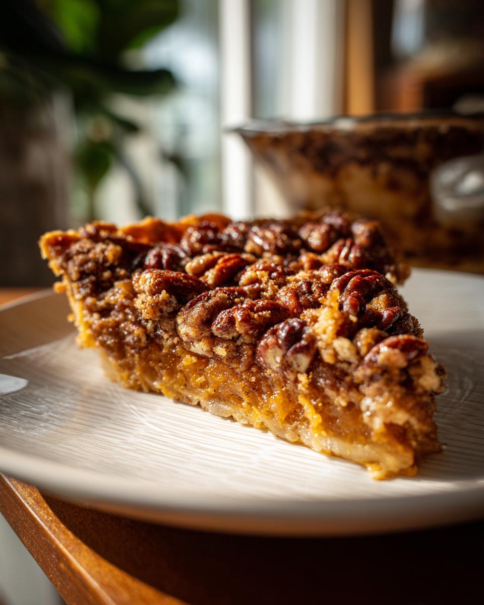 A delicious slice of sweet potato casserole topped with crunchy pecans and a crumble topping.