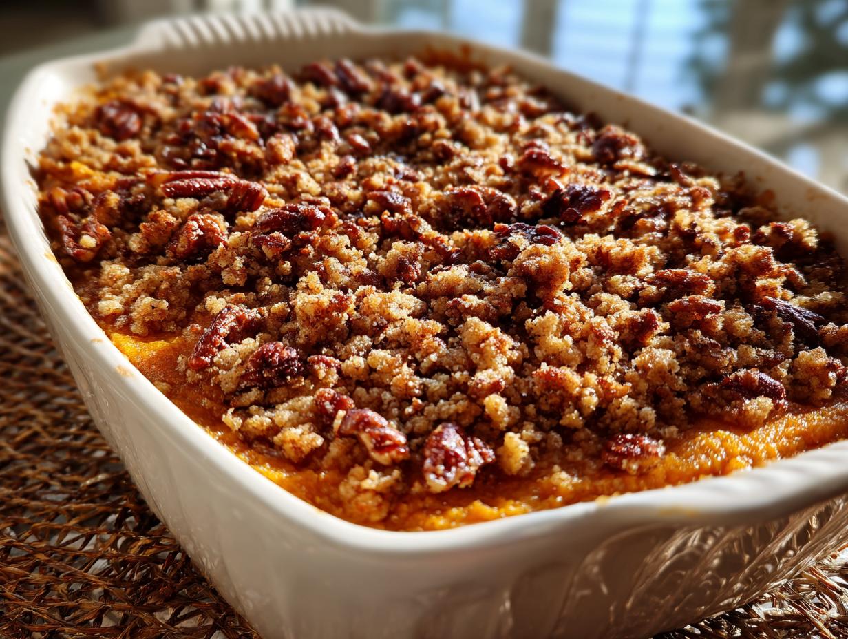 Close-up of a baked sweet potato casserole in a white dish, topped with a crunchy pecan and crumble topping.