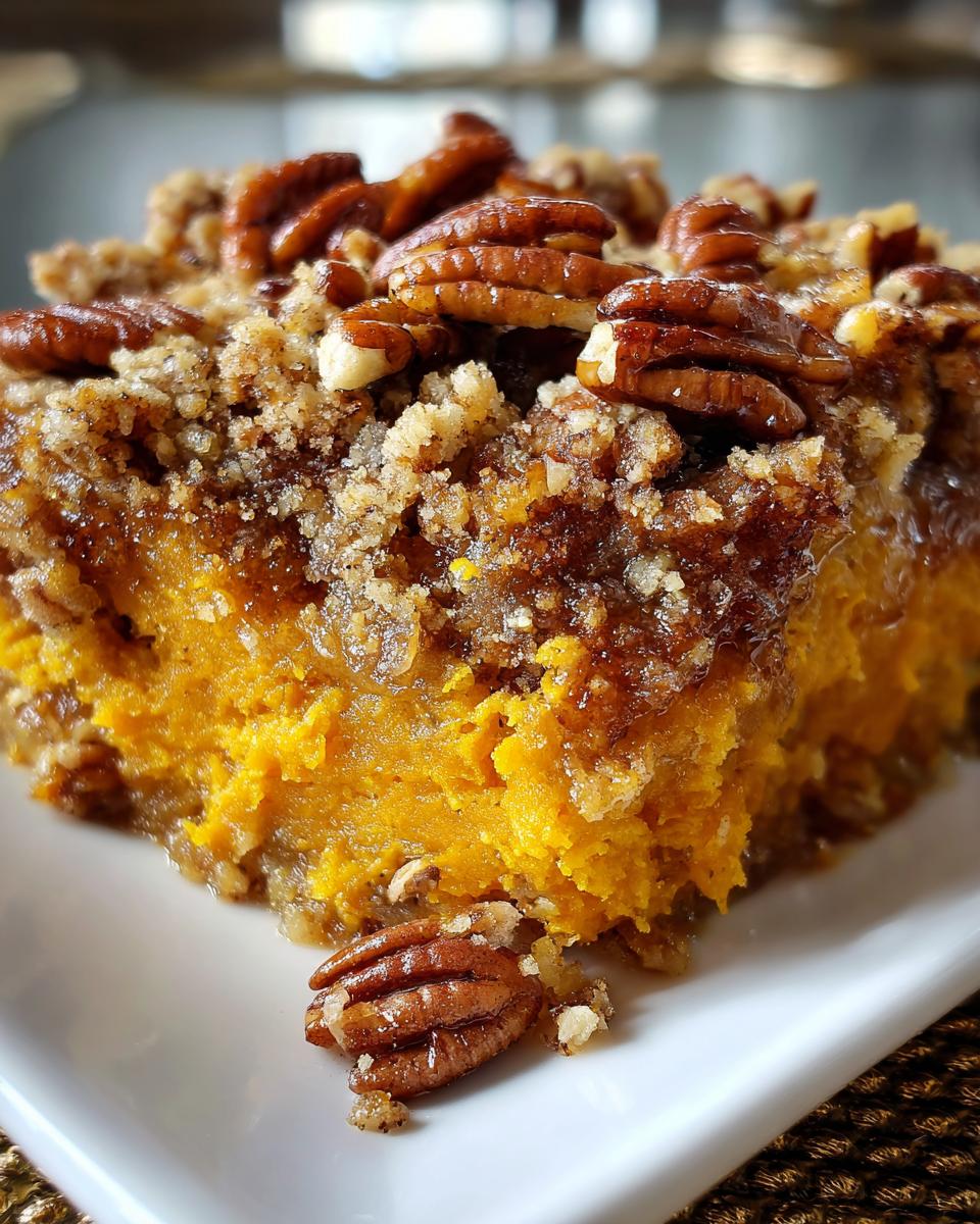 A close-up of a delicious slice of sweet potato casserole topped with crunchy pecans and a crumble topping.
